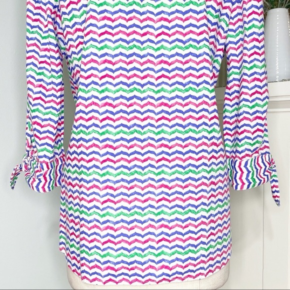 Talbots Tunic Top Colorful Whale Tail Wavy Print Tie Sleeve Popover Blouse - Picture 8 of 10
